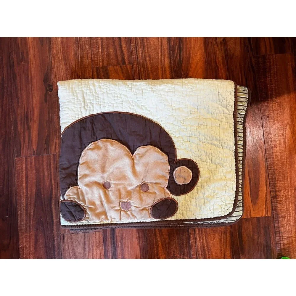 Peek a Boo MONKEY Baby Blanket Head Face Reversible Green‎ White Brown Stripe